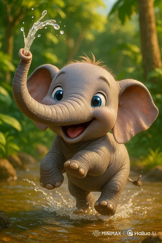 Joyful Baby Elephant Playing in a Jungle Stream – AI Generated Video | Hailuo AI