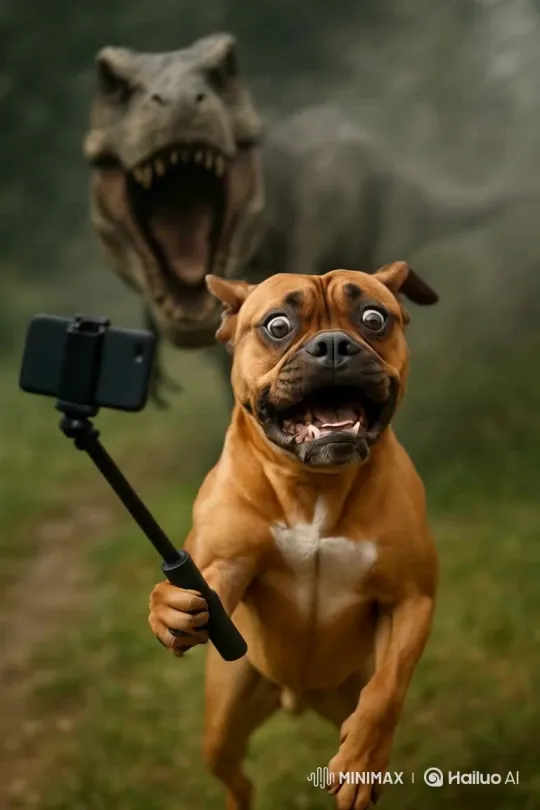 Pet Dog Escapes Dinosaur in Survival Wilderness Video – AI Generated Video | Hailuo AI