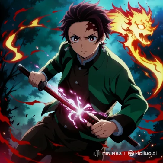 Young Samurai Battles Demons with Fiery Dragon Sword in Forest – AI Generated Video | Hailuo AI