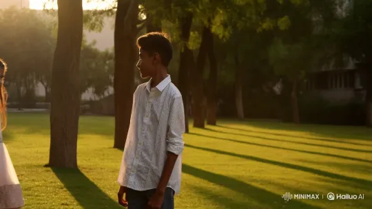 Golden Hour Park: Boy and Pakistani Girl's Quiet Smile – AI Generated Video | Hailuo AI