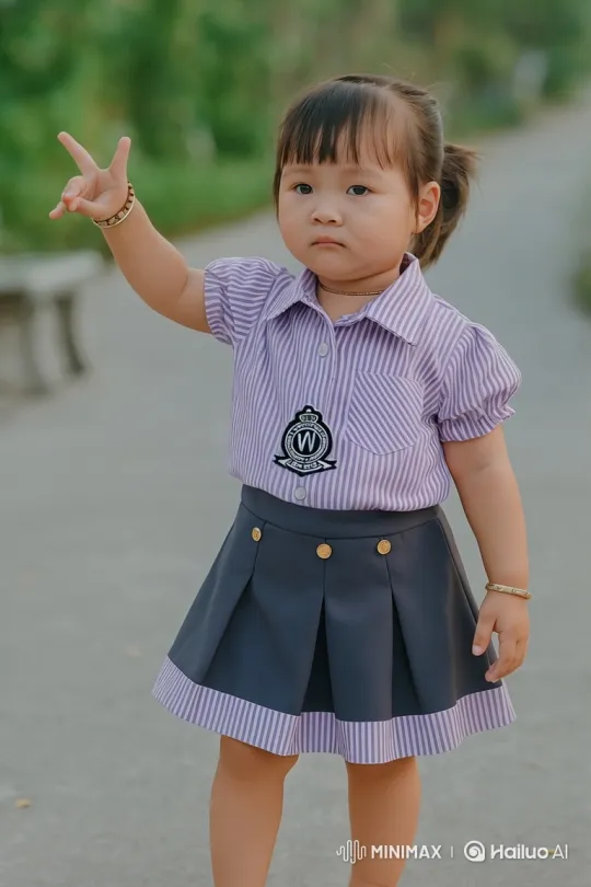 Joyful Spin of a Schoolgirl in a Purple Striped Shirt – AI Generated Video | Hailuo AI