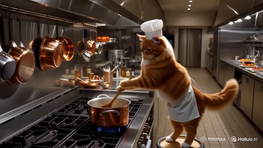 Ginger Cat Chef Cooks in High-End Kitchen – AI Generated Video | Hailuo AI