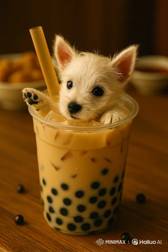 Adorable Puppy Playfully Swims in Boba Milk Tea – AI Generated Video | Hailuo AI