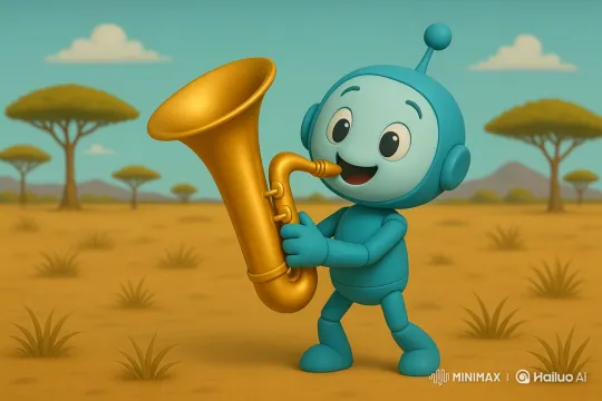 Blue Robot Plays Saxophone in the Savanna – AI Generated Video | Hailuo AI