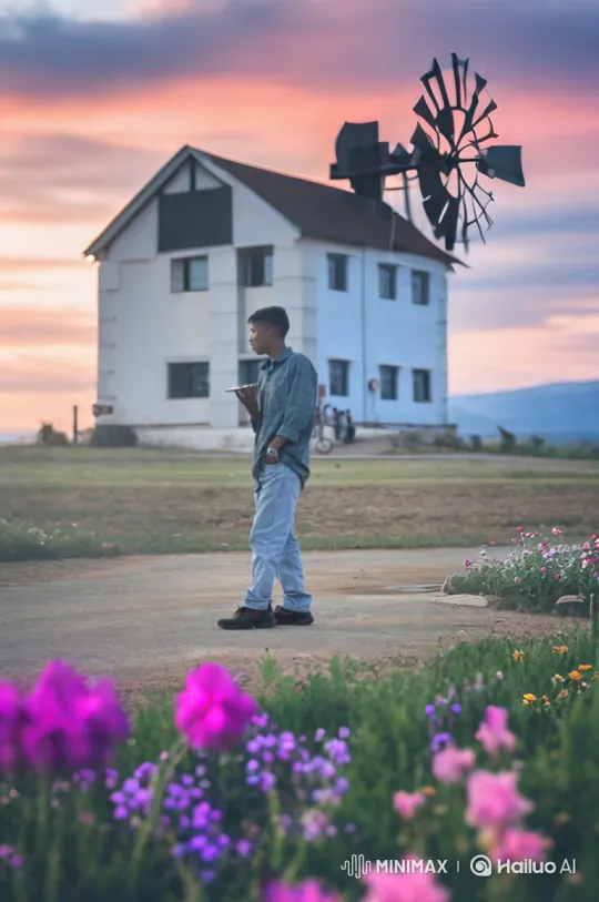 Young Man Meets Distinguished Visitor at Rural Sunset Setting – AI Generated Video | Hailuo AI
