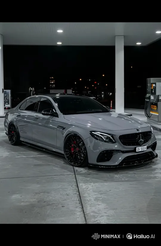 Nighttime Close-up of Custom Grey Sedan at Gas Station – AI Generated Video | Hailuo AI