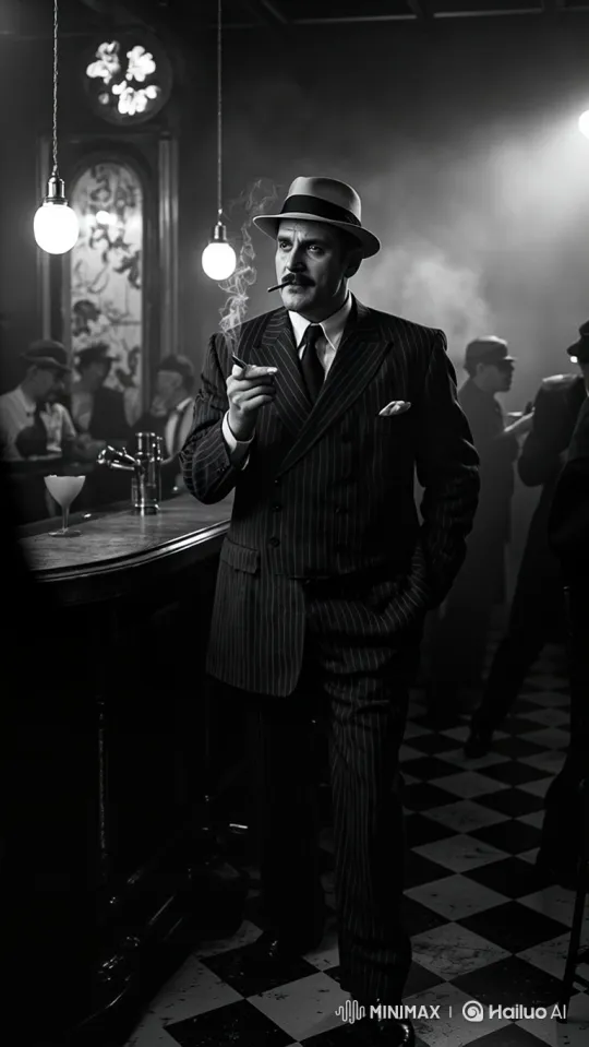 1930s Noir Bar: Man in Suit Smokes Cigar – AI Generated Video | Hailuo AI