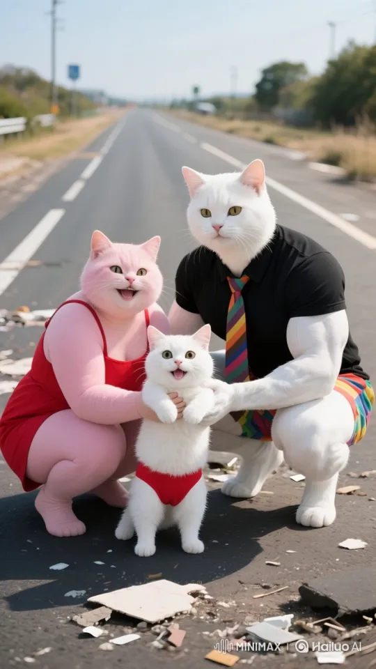Anthropomorphic Cats Family Bonding on Deserted Road – AI Generated Video | Hailuo AI