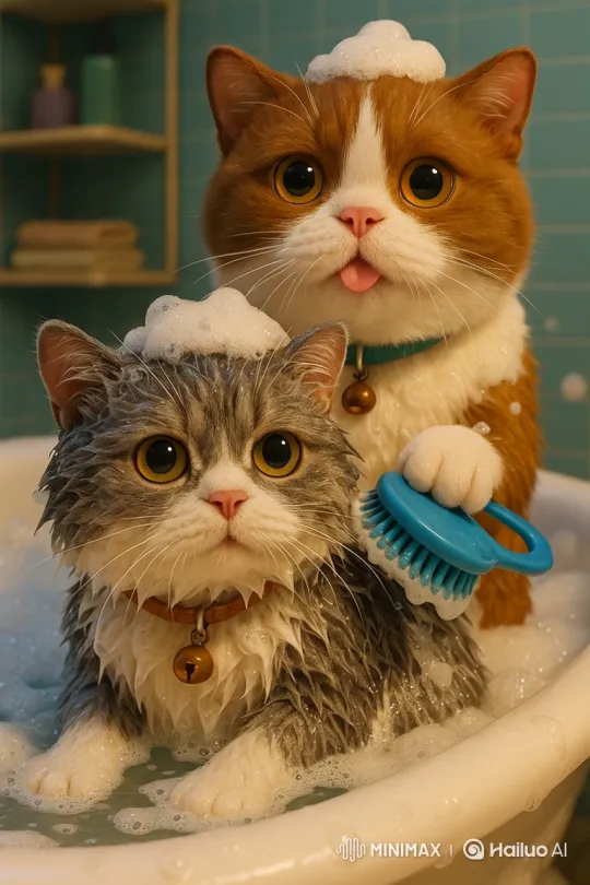 Adorable Animated Cats Enjoying a Bath Together – AI Generated Video | Hailuo AI