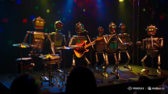 Vintage Tin Robots Rock Out at Disco Party – AI Generated Video | Hailuo AI