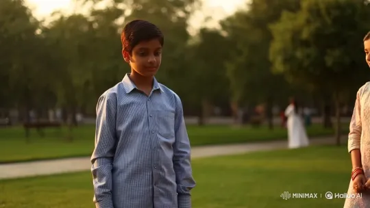 Golden Hour Park Encounter: Boy, Girl, and Gentle Wind – AI Generated Video | Hailuo AI