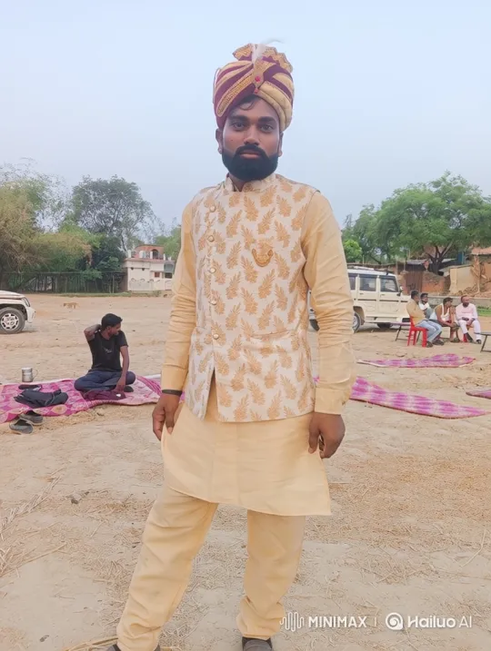 Man in South Asian Attire Smiles Gently Amidst Dusty Landscape – AI Generated Video | Hailuo AI