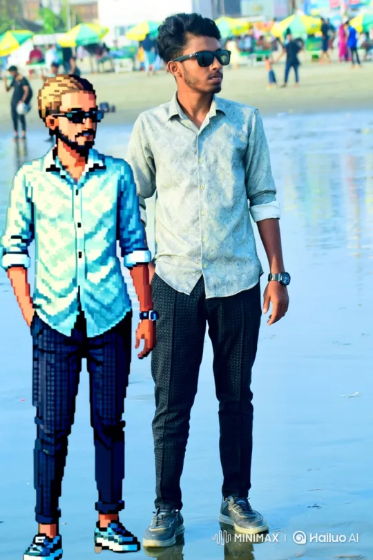 Real Man and Pixelated Figure Stand Together on a Beach – AI Generated Video | Hailuo AI