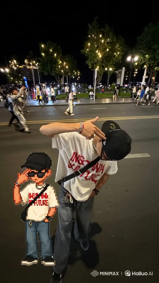 Nighttime Street Scene with Person and Pixel Art Doppelgänger – AI Generated Video | Hailuo AI