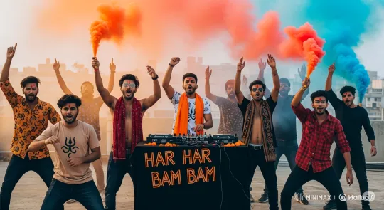 Young Men Celebrate with DJ on Rooftop Amidst Colored Smoke – AI Generated Video | Hailuo AI
