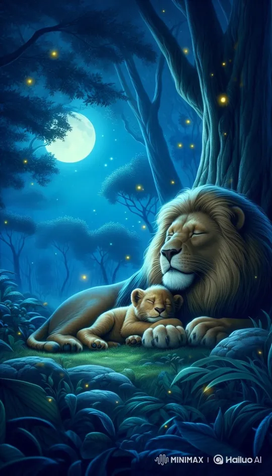 Night Jungle Serenity: Father Lion and Cub Sleep – AI Generated Video | Hailuo AI