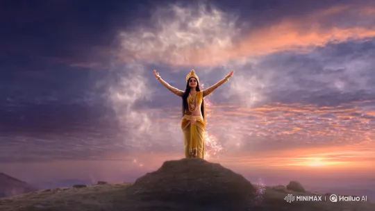 Devotee Triumphantly Embraces Om Symbol Over Hilltop Sky – AI Generated Video | Hailuo AI