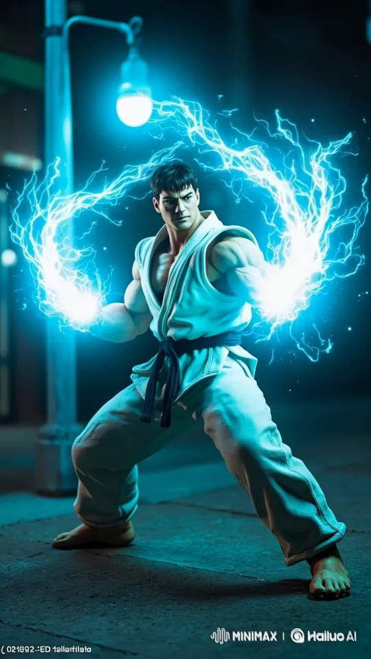 Martial Artist Conjures Energy Orb on Dark Street – AI Generated Video | Hailuo AI