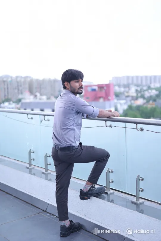Contemplative Man Observes Cityscape from Balcony – AI Generated Video | Hailuo AI