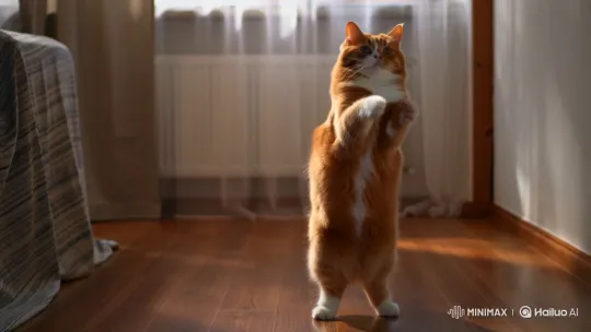 Ginger Cat Performs Playful Dance in Bright Room – AI Generated Video | Hailuo AI
