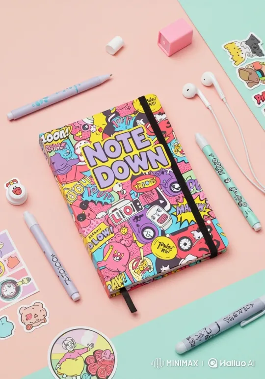 Stationery Set Reveal: Vibrant Notebook and Accessories – AI Generated Video | Hailuo AI