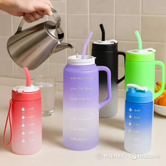 Colorful Water Bottles Display and Features Overview – AI Generated Video | Hailuo AI