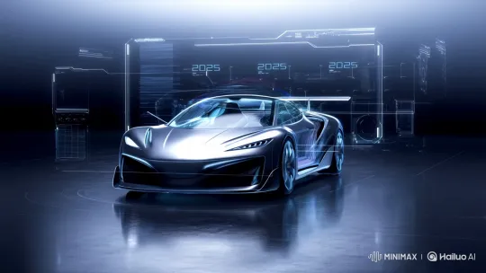 Futuristic Sports Car Assembled by AI in High-Tech Showroom – AI Generated Video | Hailuo AI