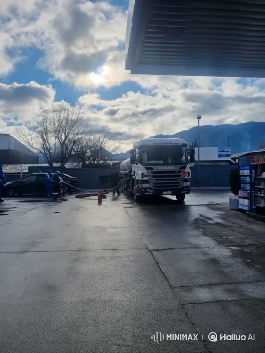 Workers Contain Fuel Spill at Overcast Gas Station – AI Generated Video | Hailuo AI
