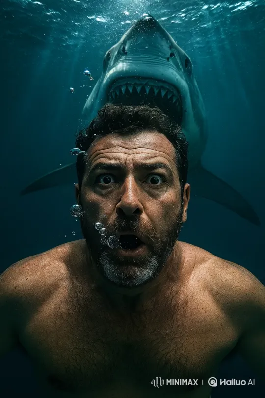 Man Survives Close Encounter with Great White Shark – AI Generated Video | Hailuo AI