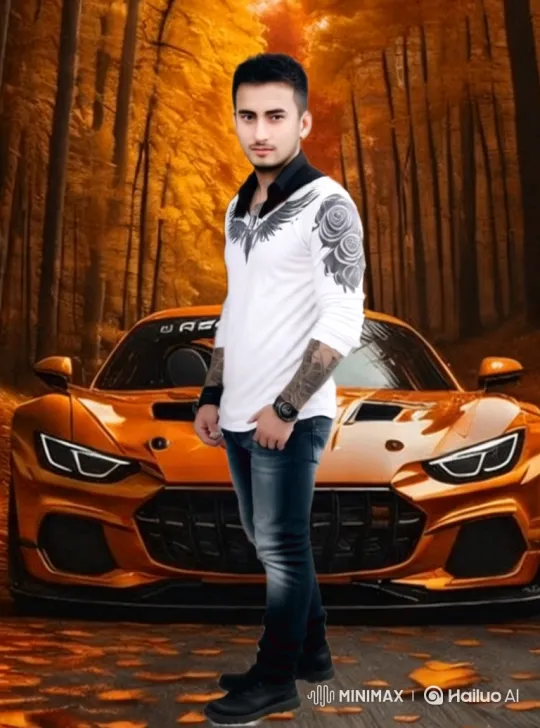 Man with Tattoos Poses with Sports Car in Autumn Forest – AI Generated Video | Hailuo AI