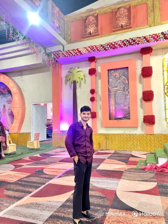 Young Man Meets Political Figure at Decorated Event Space – AI Generated Video | Hailuo AI