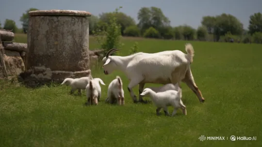 Pastoral Scene: Goats Grazing by an Old Well – AI Generated Video | Hailuo AI
