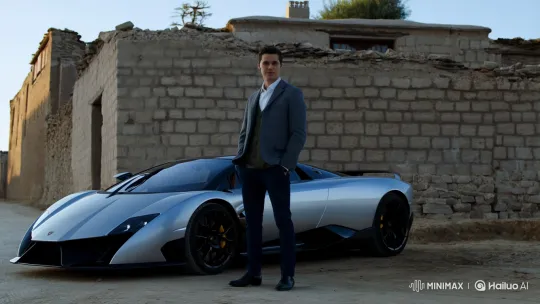 Young Man Drives Lamborghini Away from Village Wall – AI Generated Video | Hailuo AI