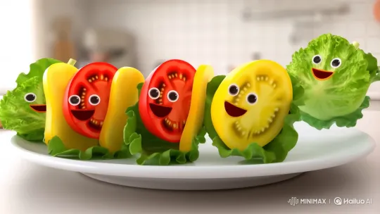 Animated Salad Jumps onto Plate in Cheerful Video – AI Generated Video | Hailuo AI