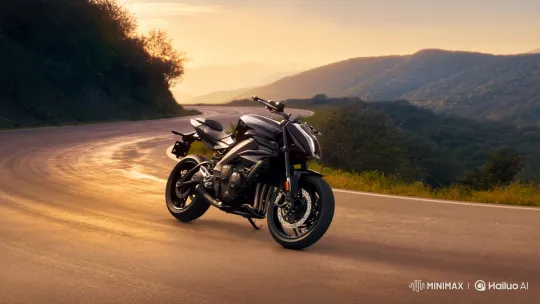 Sleek Motorcycle Showcased on Mountain Road at Sunset – AI Generated Video | Hailuo AI