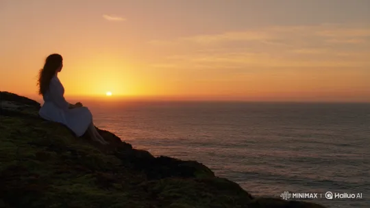 Serene Woman Observes Ocean Sunset – AI Generated Video | Hailuo AI