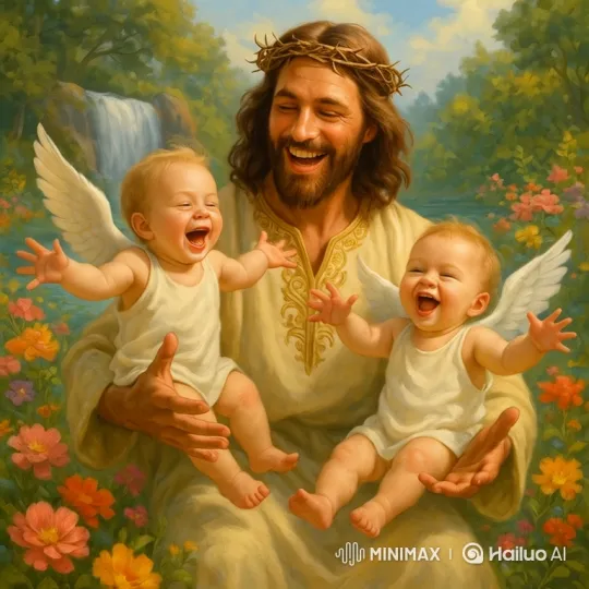 Joyful Jesus with Laughing Babies in Garden – AI Generated Video | Hailuo AI