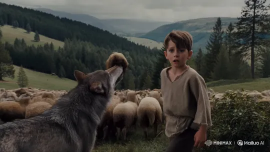 Shepherd Boy Fleeing and Shouting for Help as Wolf Attacks Sheep – AI Generated Video | Hailuo AI