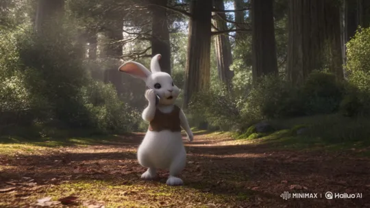 Anthropomorphic Bunny Walks, Talks on Phone in Forest – AI Generated Video | Hailuo AI