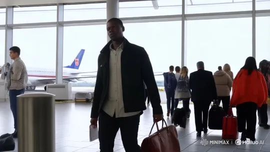 Sophisticated Man Prepares for Flight at Bustling Airport – AI Generated Video | Hailuo AI