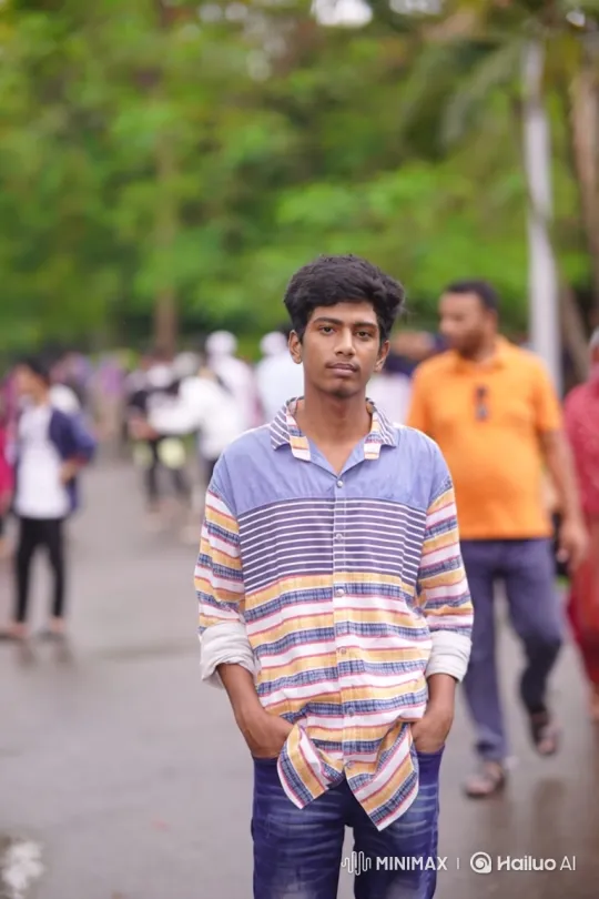 Young Man in Striped Shirt Stares at Camera – AI Generated Video | Hailuo AI