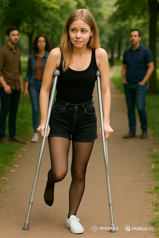 Young Woman Navigates Park Path with Crutches – AI Generated Video | Hailuo AI