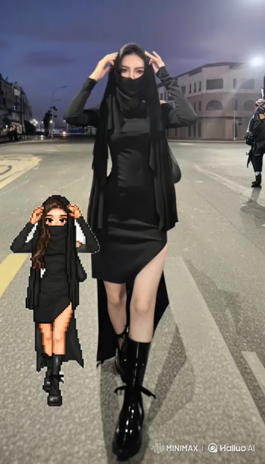 Twilight Fashion Contrast: Woman and Pixelated Self – AI Generated Video | Hailuo AI