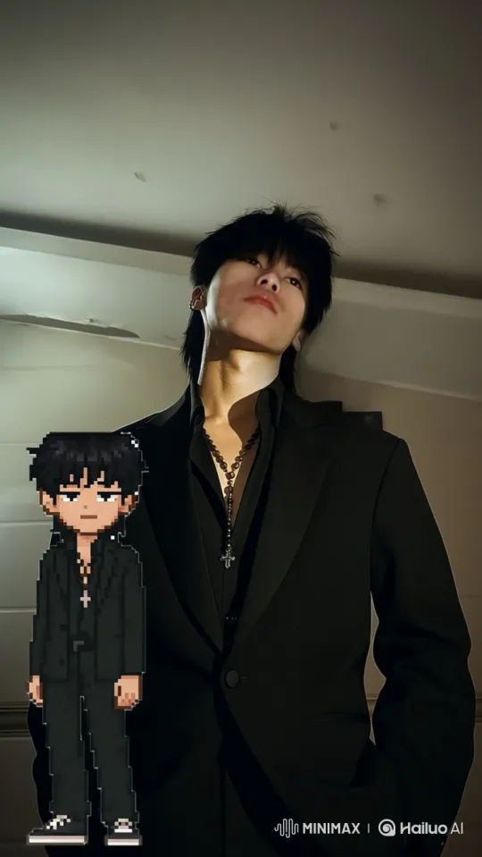 Young Man in Black Suit with Pixelated Doppelgänger – AI Generated Video | Hailuo AI
