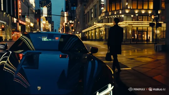 Stylish Walker and Modern Car on Wet City Street – AI Generated Video | Hailuo AI