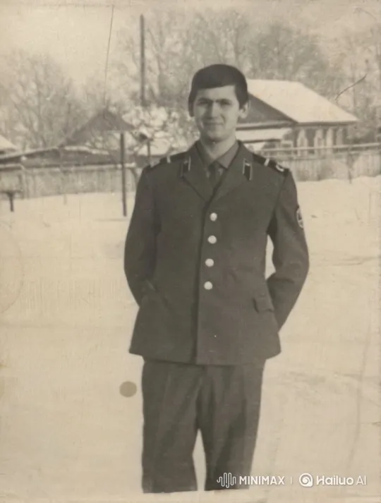 Vintage Black-and-White Video: Young Man Smiles and Waves in Snowy Landscape – AI Generated Video | Hailuo AI