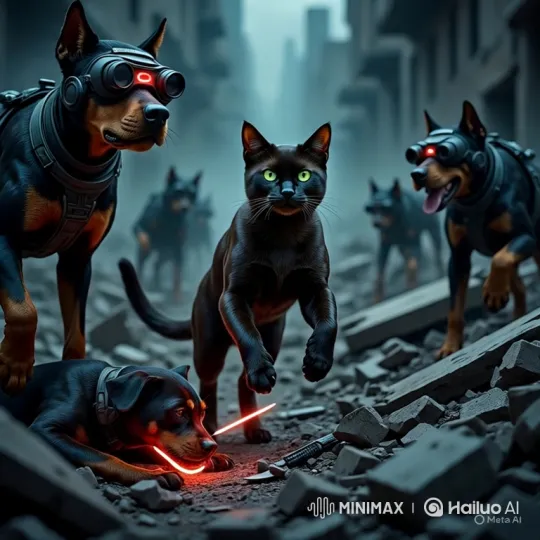 Shadow Commando Cat Strikes in Post-Apocalyptic Ruins – AI Generated Video | Hailuo AI