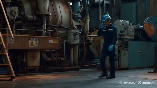 Uniformed Worker Pauses for Safety in Metallurgical Factory – AI Generated Video | Hailuo AI