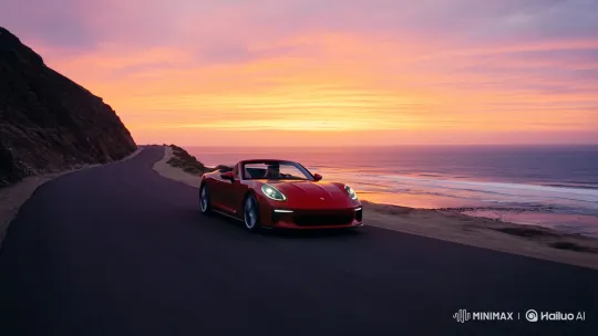 Cherry-Red Convertible Cruises Through Coastal Sunset – AI Generated Video | Hailuo AI