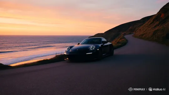 Sleek Sports Car Glides Along Coastal Sunset Road – AI Generated Video | Hailuo AI